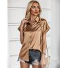 Zeagoo Silk Blouse for Women Short Sleeve Satin Button Down Shirts Casual Loose V-Neck Business Work Tunic Top(Light Coffee)