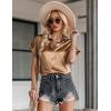 Zeagoo Silk Blouse for Women Short Sleeve Satin Button Down Shirts Casual Loose V-Neck Business Work Tunic Top(Light Coffee)