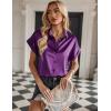 Zeagoo Silk Blouse for Women Short Sleeve Satin Button Down Shirts Casual Loose V-Neck Business Work Tunic Top(Purple)