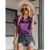 Zeagoo Silk Blouse for Women Short Sleeve Satin Button Down Shirts Casual Loose V-Neck Business Work Tunic Top(Purple)