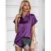 Zeagoo Silk Blouse for Women Short Sleeve Satin Button Down Shirts Casual Loose V-Neck Business Work Tunic Top(Purple)