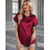 Zeagoo Silk Blouse for Women Short Sleeve Satin Button Down Shirts Casual Loose V-Neck Business Work Tunic Top(Wine Red)