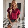 Zeagoo Silk Blouse for Women Short Sleeve Satin Button Down Shirts Casual Loose V-Neck Business Work Tunic Top(Wine Red)