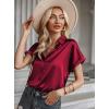 Zeagoo Silk Blouse for Women Short Sleeve Satin Button Down Shirts Casual Loose V-Neck Business Work Tunic Top(Wine Red)