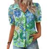 Zeagoo Women Button Down Shirts Puff Short Sleeve Blouses Chiffon Tops Business Casual Outfits Summer Clothes(Blue Boho-yg2)