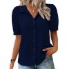 Zeagoo Women Button Down Shirts Puff Short Sleeve Blouses Chiffon Tops Business Casual Outfits Summer Clothes(Navy Blue-nb)