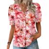 Zeagoo Women Button Down Shirts Puff Short Sleeve Blouses Chiffon Tops Business Casual Outfits Summer Clothes(Pink Flowers-wf97)