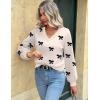 Zeagoo Women’s 2025 Fall V-Neck Cropped Sweater Trendy Long Latern Sleeve Ribbed Knit Pullover Crop Tops(Bowknot Beige)