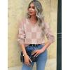 Zeagoo Women’s 2025 Fall V-Neck Cropped Sweater Trendy Long Latern Sleeve Ribbed Knit Pullover Crop Tops(Khakiplaid)