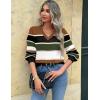 Zeagoo Women’s 2025 Fall V-Neck Cropped Sweater Trendy Long Latern Sleeve Ribbed Knit Pullover Crop Tops(Multi-brown)