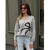 Zeagoo Womens 2026 Fall Sweaters Casual Long Sleeve V Neck Loose Lightweight Crochet Knit Pullover Sweater Tops(Bowknot Grey)
