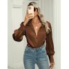 Zeagoo Womens Satin Blouse Lantern Long Sleeve Silk Button Down Shirt Dressy Casual Business Work Tunic Tops(Brown)
