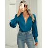 Zeagoo Womens Satin Blouse Lantern Long Sleeve Silk Button Down Shirt Dressy Casual Business Work Tunic Tops(Peacock Blue)