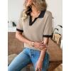 Zeagoo Women’s Short Sleeve Polo Sweater V Neck Knitted Spring Casual Work Tops Loose Pullover Shirt(Khaki Black)