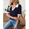 Zeagoo Women’s Short Sleeve Polo Sweater V Neck Knitted Spring Casual Work Tops Loose Pullover Shirt(Navy White)