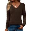 Zeagoo Womens Sweaters Fall 2026 Long Sleeve Knit Pullover V Neck Lightweight Crochet Sweater Tops Dressy Casual(Brown)