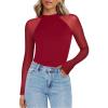 Zeagoo Long Sleeve Shirts for Women Floral Mesh Sheer Top Mock Neck Double Lined Fitted Going Out Blouses(Red)