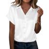 Zeagoo Silk Blouse for Women Short Sleeve Satin Button Down Shirts Casual Loose V-Neck Business Work Tunic Top(White)