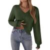 Zeagoo Women’s 2025 Fall V-Neck Cropped Sweater Trendy Long Latern Sleeve Ribbed Knit Pullover Crop Tops(Army Green)
