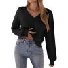 Zeagoo Women’s 2025 Fall V-Neck Cropped Sweater Trendy Long Latern Sleeve Ribbed Knit Pullover Crop Tops(Black)