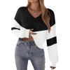 Zeagoo Women’s 2025 Fall V-Neck Cropped Sweater Trendy Long Latern Sleeve Ribbed Knit Pullover Crop Tops(Black White)