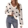 Zeagoo Women’s 2025 Fall V-Neck Cropped Sweater Trendy Long Latern Sleeve Ribbed Knit Pullover Crop Tops(Bowknot Beige)