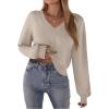 Zeagoo Women’s 2025 Fall V-Neck Cropped Sweater Trendy Long Latern Sleeve Ribbed Knit Pullover Crop Tops(Light Khaki)