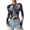 Zeagoo Womens Floral Mesh Long Sleeve Tops See Through Going Out Blouses Mock Neck Sheer Party Outfits Shirts S-XXL(Zr220)