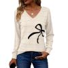 Zeagoo Womens Sweaters Fall Casual Long Sleeve V Neck Shirts Lightweight Crochet Ribbed Knit Pullover Tops Outfits(Bow)