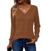 Zeagoo Womens Sweaters Fall Casual Long Sleeve V Neck Shirts Lightweight Crochet Ribbed Knit Pullover Tops Outfits(Caramel)