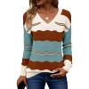 Zeagoo Womens Sweaters Fall Casual Long Sleeve V Neck Shirts Lightweight Crochet Ribbed Knit Pullover Tops Outfits(Lake Blue Colorblock)