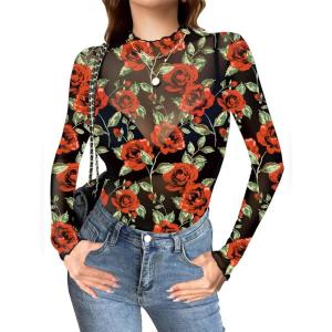 ZEAGOO Womens Mesh Long Sleeve Tops Mock Neck Going Out See Through Shirts Sexy Sheer Blouses Clubwear S-XXL(Dh107)