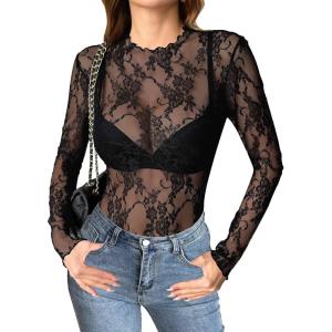 ZEAGOO Womens Mesh Long Sleeve Tops Mock Neck Going Out See Through Shirts Sexy Sheer Blouses Clubwear S-XXL(Lace Black)
