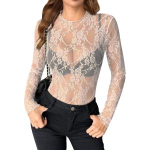 ZEAGOO Womens Mesh Long Sleeve Tops Mock Neck Going Out See Through Shirts Sexy Sheer Blouses Clubwear S-XXL(Lace Champagne)