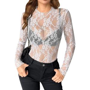 ZEAGOO Womens Mesh Long Sleeve Tops Mock Neck Going Out See Through Shirts Sexy Sheer Blouses Clubwear S-XXL(Lace White)