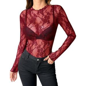ZEAGOO Womens Mesh Long Sleeve Tops Mock Neck Going Out See Through Shirts Sexy Sheer Blouses Clubwear S-XXL(Lace Wine Red)
