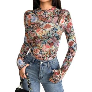 ZEAGOO Womens Mesh Long Sleeve Tops Mock Neck Going Out See Through Shirts Sexy Sheer Blouses Clubwear S-XXL(Wf66)