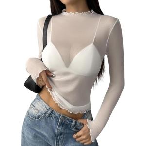ZEAGOO Womens Mesh Long Sleeve Tops Mock Neck Going Out See Through Shirts Sexy Sheer Blouses Clubwear S-XXL(White)
