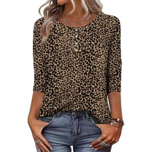 Zeagoo 3/4 Length Sleeve Women Tops Crew Neck Blouses Dressy Casual Summer T Shirts Loose Fit Business Work Clothes(An136-leopard Print)