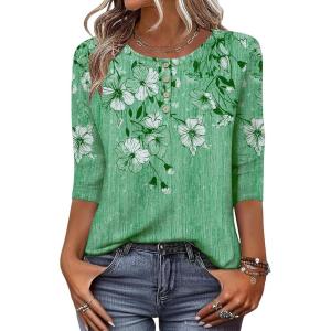 Zeagoo 3/4 Length Sleeve Women Tops Crew Neck Blouses Dressy Casual Summer T Shirts Loose Fit Business Work Clothes(Bf180-green Flower)