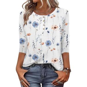 Zeagoo 3/4 Length Sleeve Women Tops Crew Neck Blouses Dressy Casual Summer T Shirts Loose Fit Business Work Clothes(Bf290-white Flower)