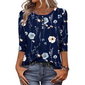 Zeagoo 3/4 Length Sleeve Women Tops Crew Neck Blouses Dressy Casual Summer T Shirts Loose Fit Business Work Clothes(Bf318-navy Flower)
