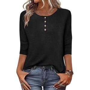 Zeagoo 3/4 Length Sleeve Women Tops Crew Neck Blouses Dressy Casual Summer T Shirts Loose Fit Business Work Clothes(Black)