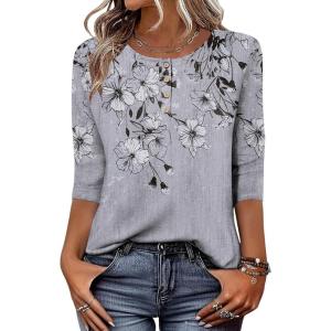 Zeagoo 3/4 Length Sleeve Women Tops Crew Neck Blouses Dressy Casual Summer T Shirts Loose Fit Business Work Clothes(Dh62-grey Flower)