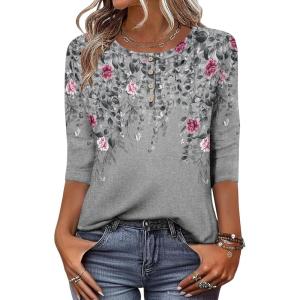 Zeagoo 3/4 Length Sleeve Women Tops Crew Neck Blouses Dressy Casual Summer T Shirts Loose Fit Business Work Clothes(Hf36-grey Leaves)