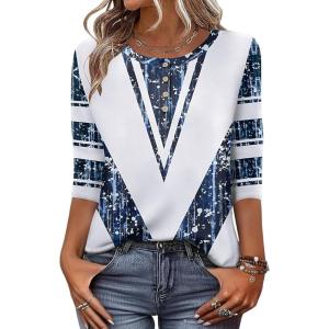 Zeagoo 3/4 Length Sleeve Women Tops Crew Neck Blouses Dressy Casual Summer T Shirts Loose Fit Business Work Clothes(Jh563-white Blue)