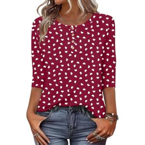 Zeagoo 3/4 Length Sleeve Women Tops Crew Neck Blouses Dressy Casual Summer T Shirts Loose Fit Business Work Clothes(Kt52-red Love)
