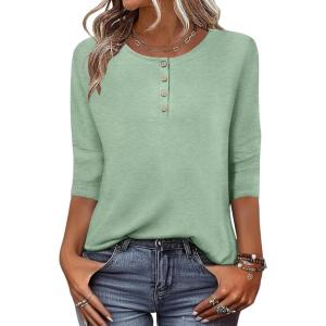 Zeagoo 3/4 Length Sleeve Women Tops Crew Neck Blouses Dressy Casual Summer T Shirts Loose Fit Business Work Clothes(Light Green)