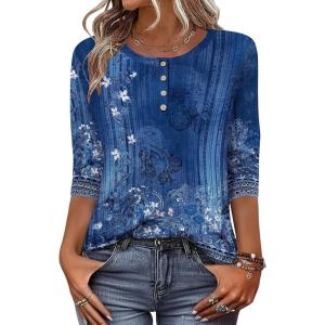 Zeagoo 3/4 Length Sleeve Women Tops Crew Neck Blouses Dressy Casual Summer T Shirts Loose Fit Business Work Clothes(Mz712-blue)