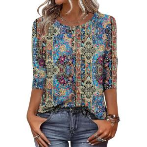 Zeagoo 3/4 Length Sleeve Women Tops Crew Neck Blouses Dressy Casual Summer T Shirts Loose Fit Business Work Clothes(Mz779)